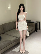 White Strapless Ruched Mesh Cutout Bodycon Mini Dress
