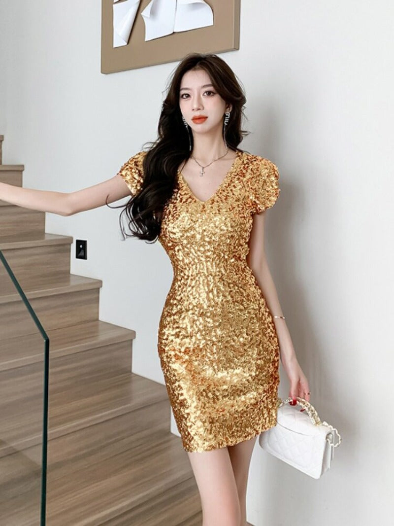 Sequin V Neck Ruched Bodycon Mini Dress