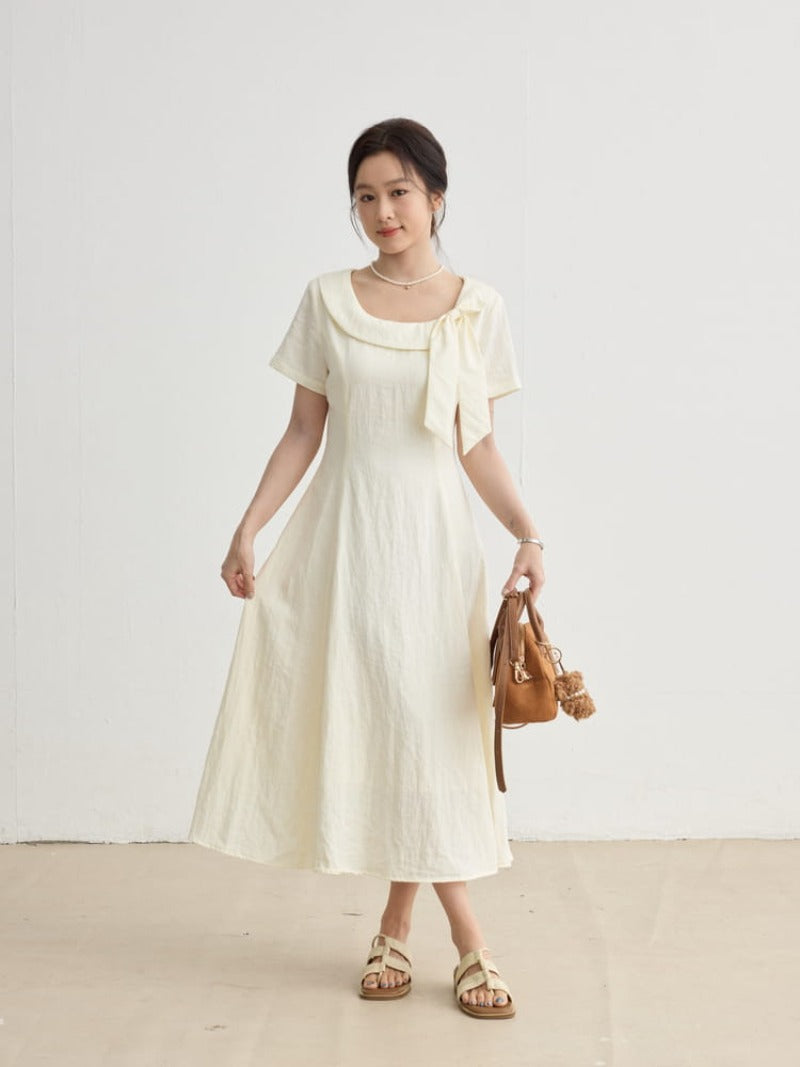 Ivory Soft Romance Bow Short Sleeve A-Line Midi Dress