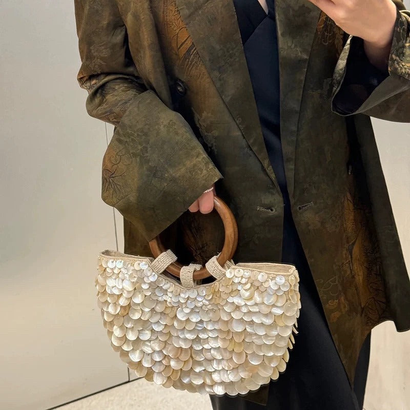 Ivory Shell Detail Evening Bag with Ring Handle