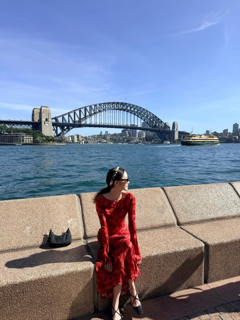 Floral Round Neck Bell Sleeve Mermaid Maxi Dress