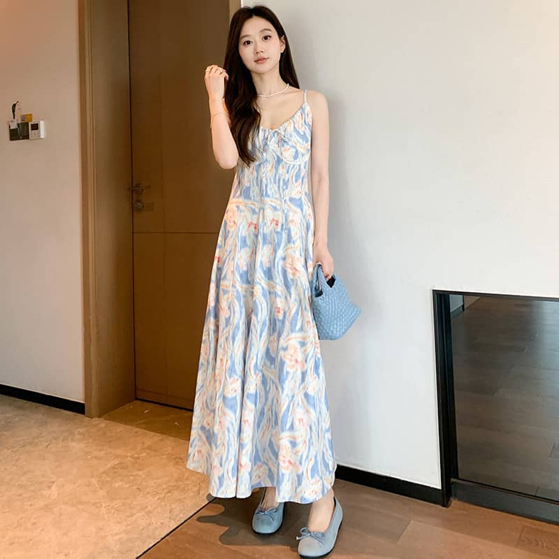 French Style Printed Tie Front Cami A-Line Maxi Dress