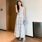 French Style Printed Tie Front Cami A-Line Maxi Dress
