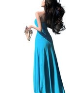 Blue Strapless Rhinestone Ruched Mermaid Maxi Dress