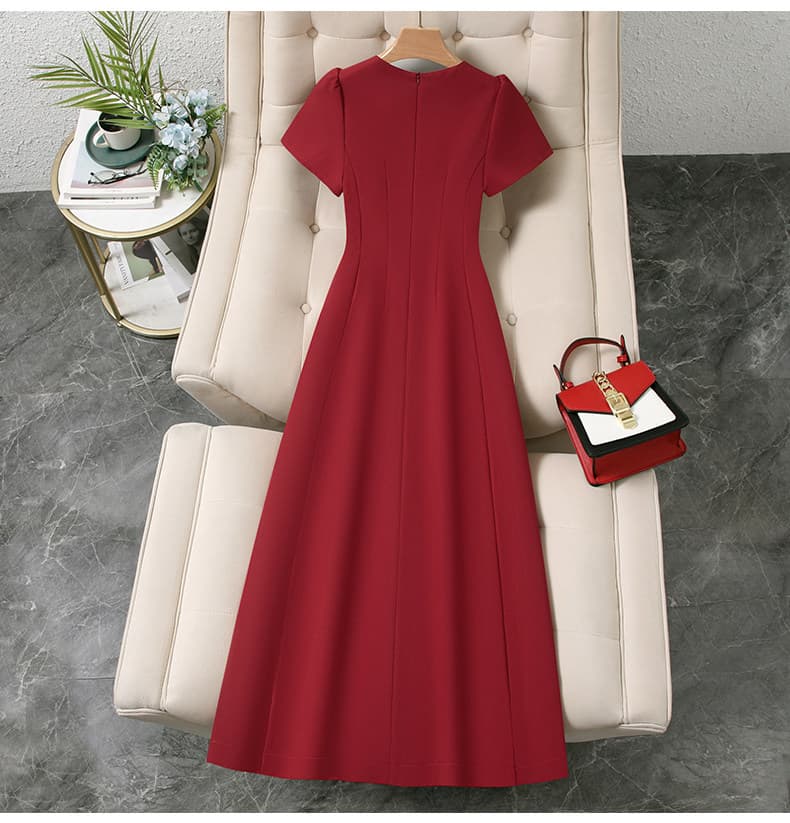 Round Neck Short Sleeve High Waist A-Line Maxi Dress