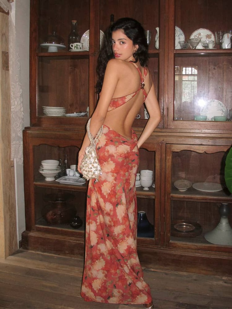 Red Floral Halter Open Back Vacation Dress