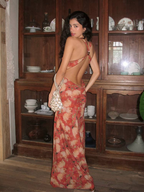 Red Floral Halter Open Back Vacation Dress