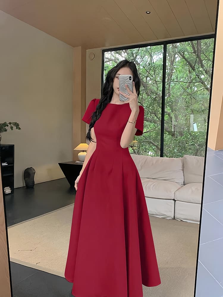 Round Neck Short Sleeve High Waist A-Line Maxi Dress