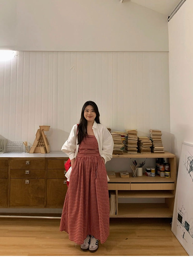 Red Gingham Strapless High Waist A-Line Maxi Dress