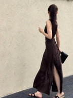 Coffee Brown Open Back Sleeveless Side Slit Maxi Dress