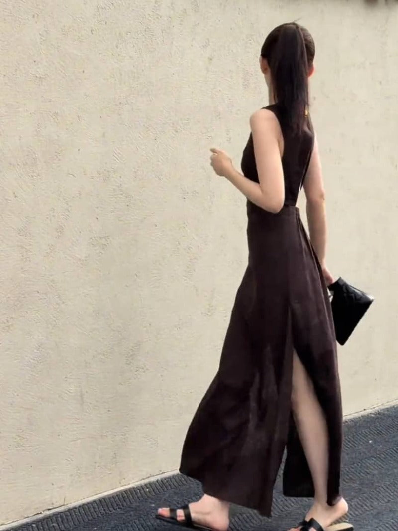 Coffee Brown Open Back Sleeveless Side Slit Maxi Dress