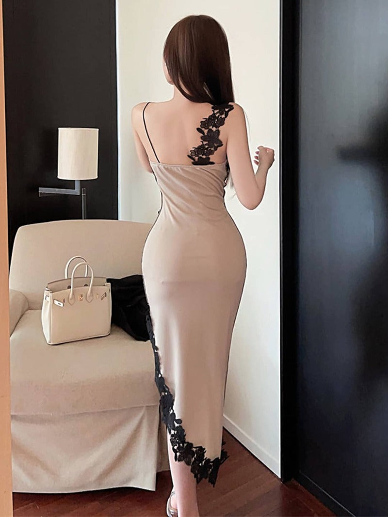 Sultry Lace Applique Cutout High-Slit Maxi Dress
