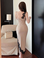 Sultry Lace Applique Cutout High-Slit Maxi Dress