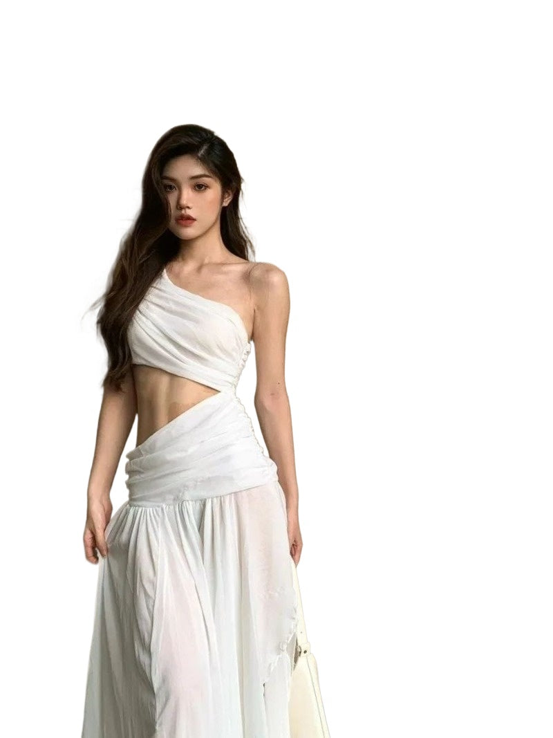 Coastal Muse White Cutout One Shoulder Maxi Dress