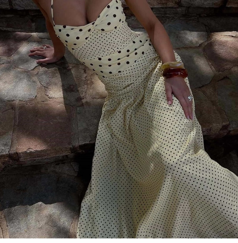Playful Polka Dot Tie-Back Halter Maxi Dress