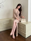 Khaki V Neck Knot Draped Long Sleeve Maxi Dress