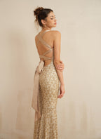 Champagne Cross Back Sequin Mermaid Gown - EveningVerse - 2
