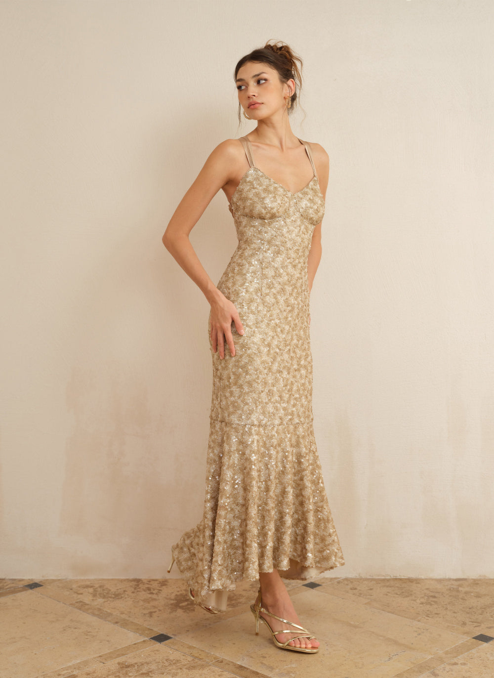 Champagne Cross Back Sequin Mermaid Gown - EveningVerse - 1