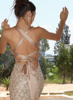 Champagne Cross Back Sequin Mermaid Gown - EveningVerse - 3