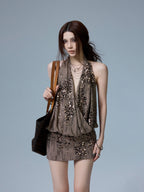 Coffee Sequin Halter Mini Dress Backless Pleated for Party - EveningVerse - 5