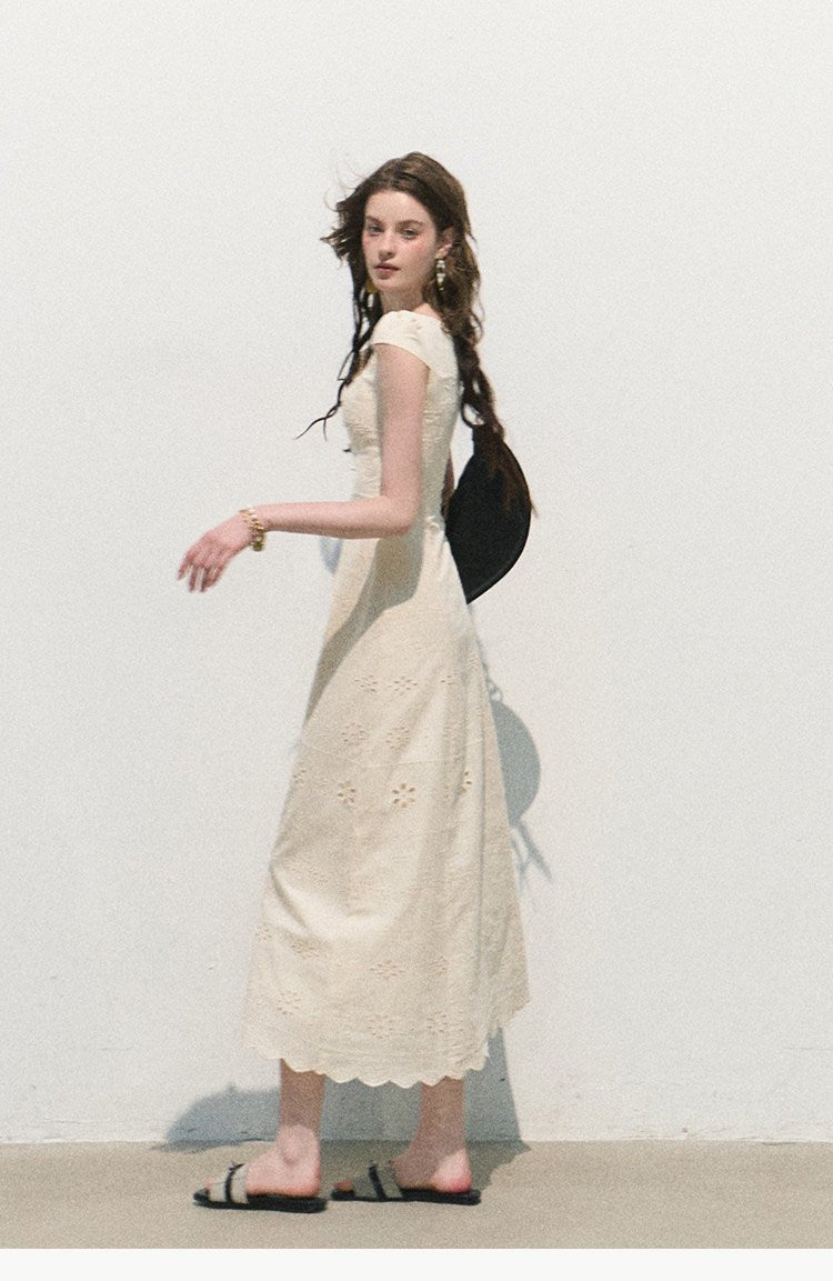Cream White Eyelet Embroidery V-neck Cap Sleeve Ruched Waist Dress - EveningVerse6
