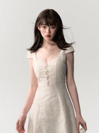 Cream White Eyelet Embroidery V-neck Cap Sleeve Ruched Waist Dress - EveningVerse10