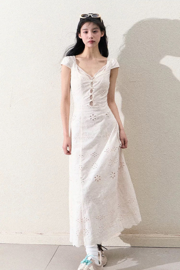 Cream White Eyelet Embroidery V-neck Cap Sleeve Ruched Waist Dress - EveningVerse7