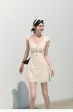 Cream White Eyelet Embroidery V-neck Cap Sleeve Ruched Waist Dress - EveningVerse1