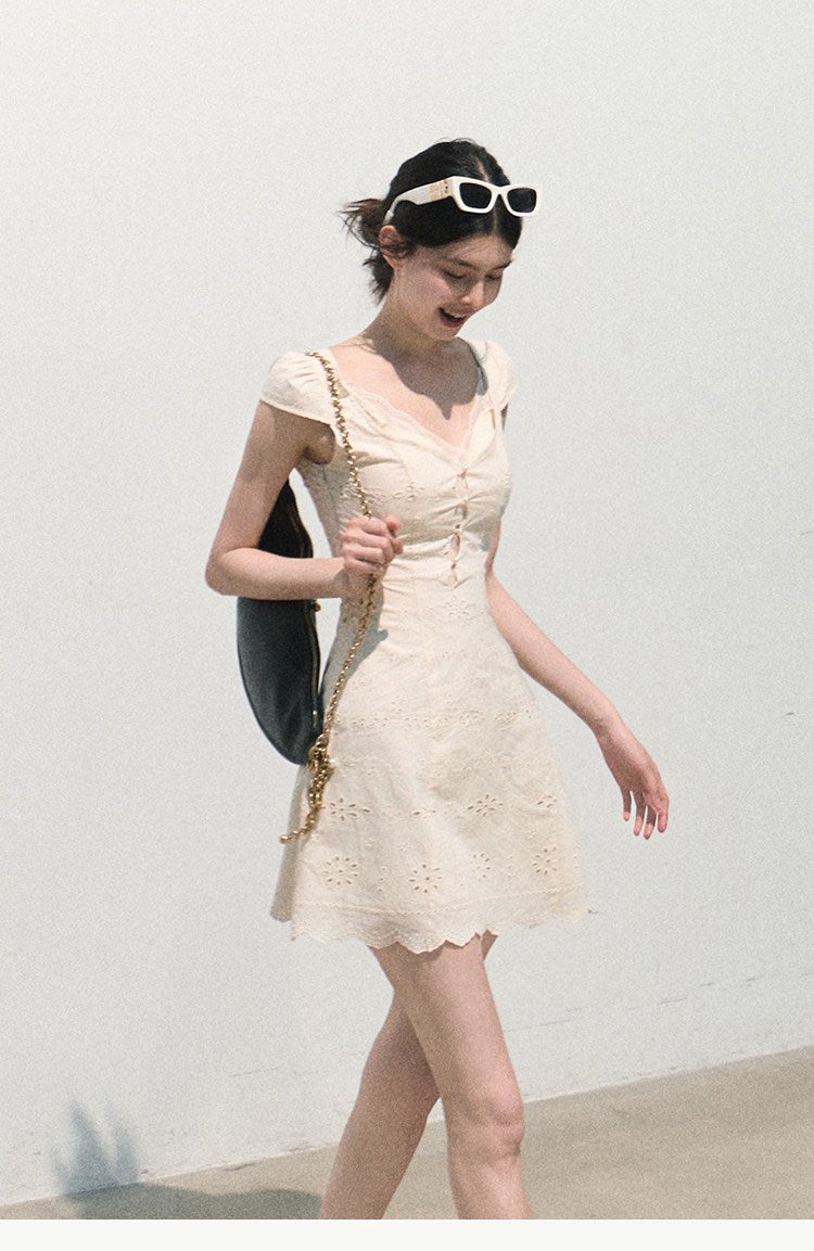 Cream White Fit-and-Flare Eyelet Mini Dress - EveningVerse3
