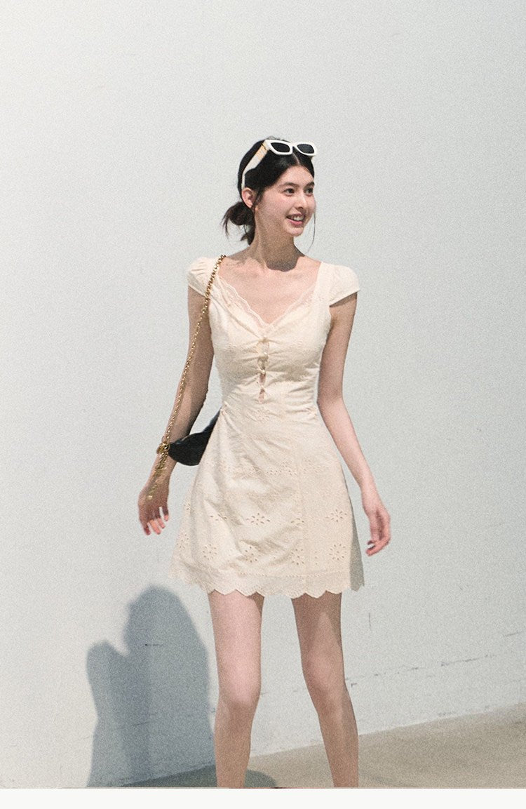 Cream White Fit-and-Flare Eyelet Mini Dress - EveningVerse1 Main image