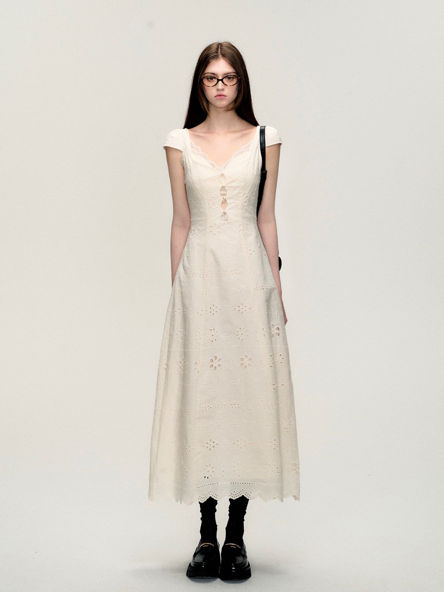 Cream White Fit-and-Flare Eyelet Mini Dress - EveningVerse2