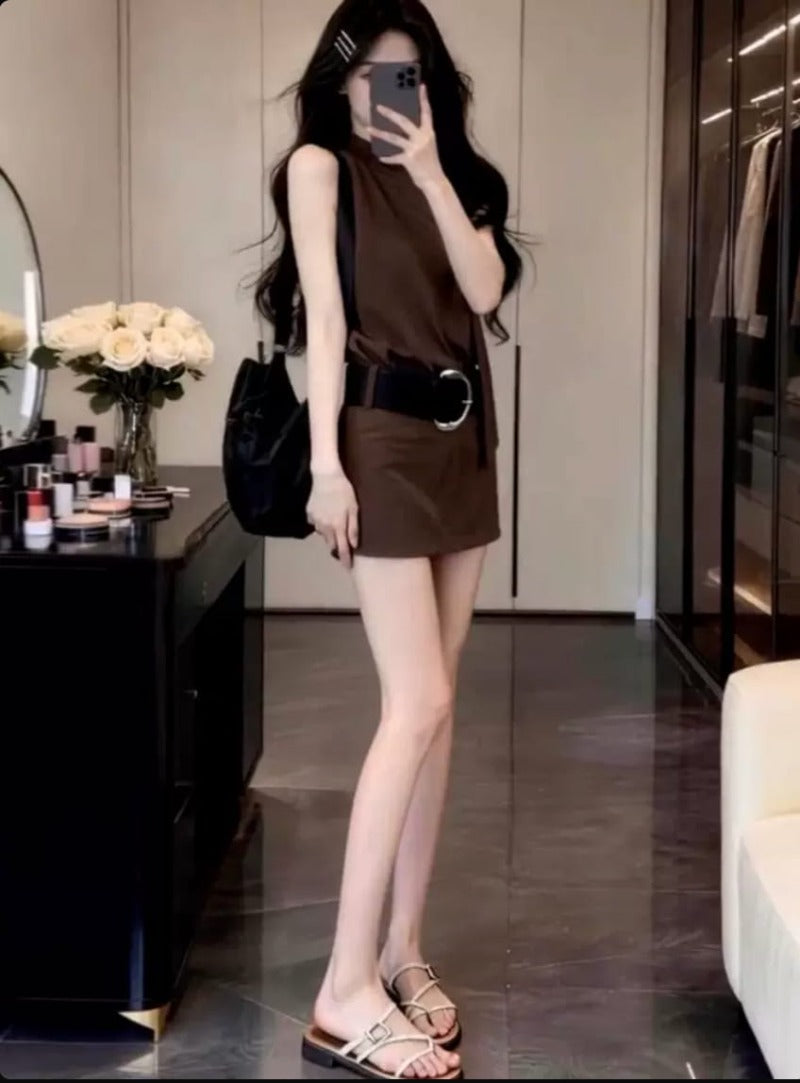 Coffee Brown Belted A-Line Mini Dress Set