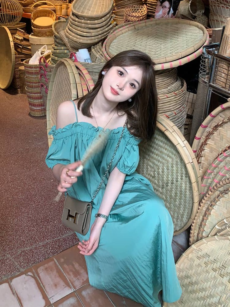 Turquoise Off-Shoulder Pleated Shift Maxi Dress