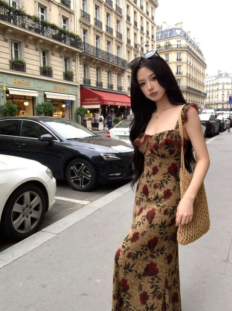 Brown Rose Print Ruffle Neck Spaghetti Strap Maxi Dress