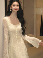 Ivory Romance Square Neck Lace Fit-and-Flare Maxi Dress