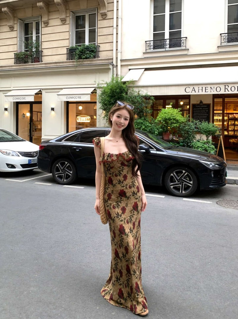 Brown Rose Print Ruffle Neck Spaghetti Strap Maxi Dress