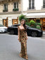 Brown Rose Print Ruffle Neck Spaghetti Strap Maxi Dress