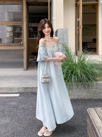 Light Blue Tassel Trim Off-Shoulder Maxi Dress