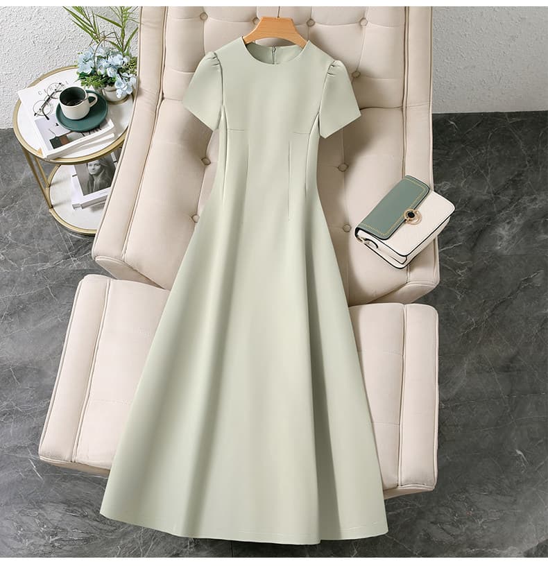 Round Neck Short Sleeve High Waist A-Line Maxi Dress