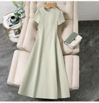 Round Neck Short Sleeve High Waist A-Line Maxi Dress