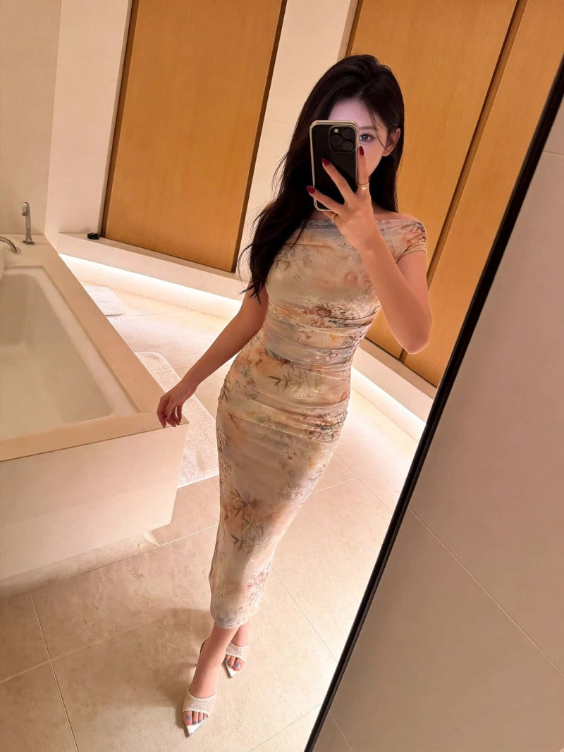 Beige Floral Off Shoulder Ruched Bodycon Midi Dress