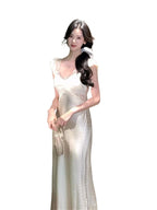 Champagne Lace-Trim V-Neck Fitted Maxi Dress