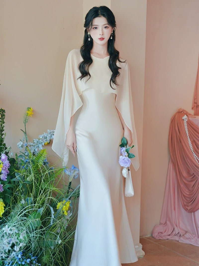 Elegant Round Neck Cape Overlay Mermaid Maxi Dress