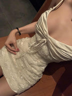White Sultry Satin Sequin Bodycon Mini Dress
