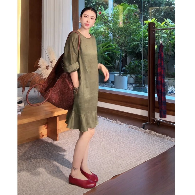 Linen Round Neck Fishtail Hem Midi Dress