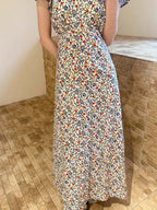 Ivory Floral V Neck Puff Sleeve Cotton Dress