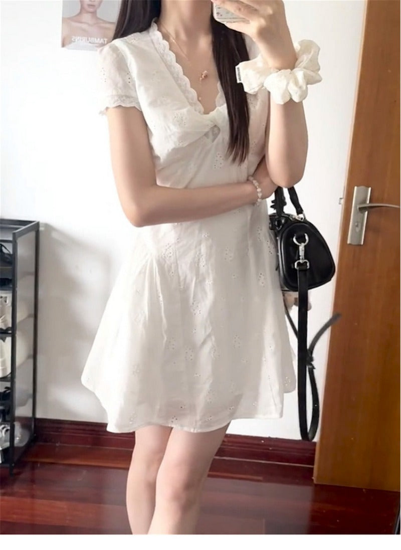 Cotton Eyelet V-Neck Mini Dress