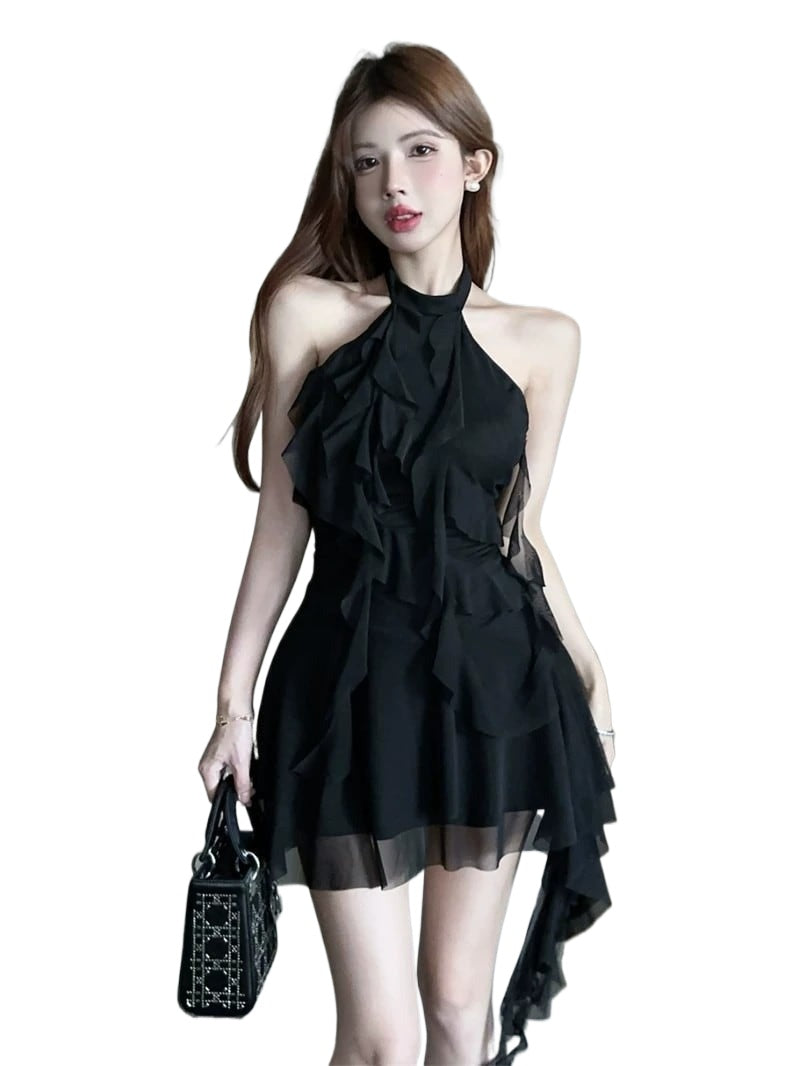 Flirty Black Ruffle Halter High-Low Mini Dress