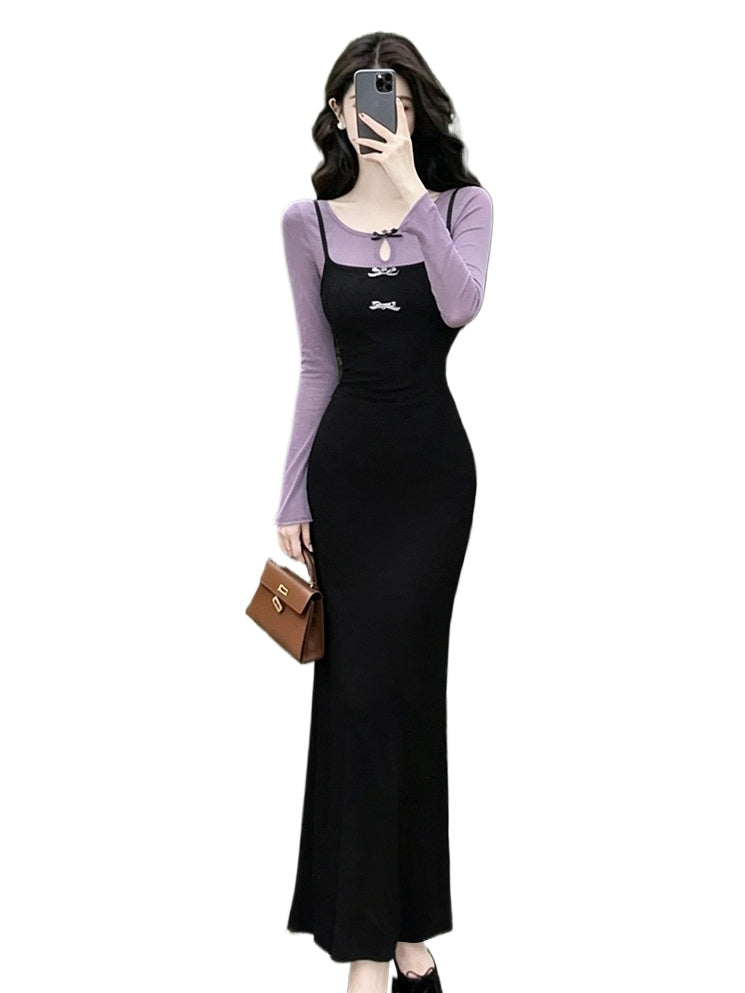 French Bow Long Sleeve Bodycon Maxi Dress Set