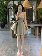 Navy/Green/Grey/Black Square Neck Sleeveless A Line Mini Dress